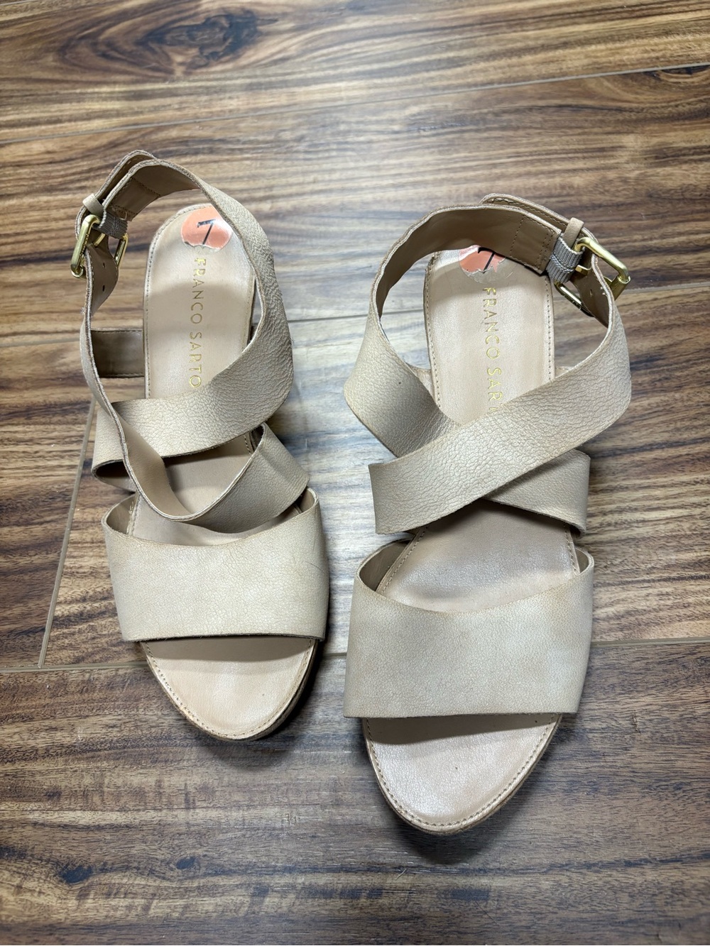 Franco Sarto beige tan leather crisscross strap sandals,  size 7